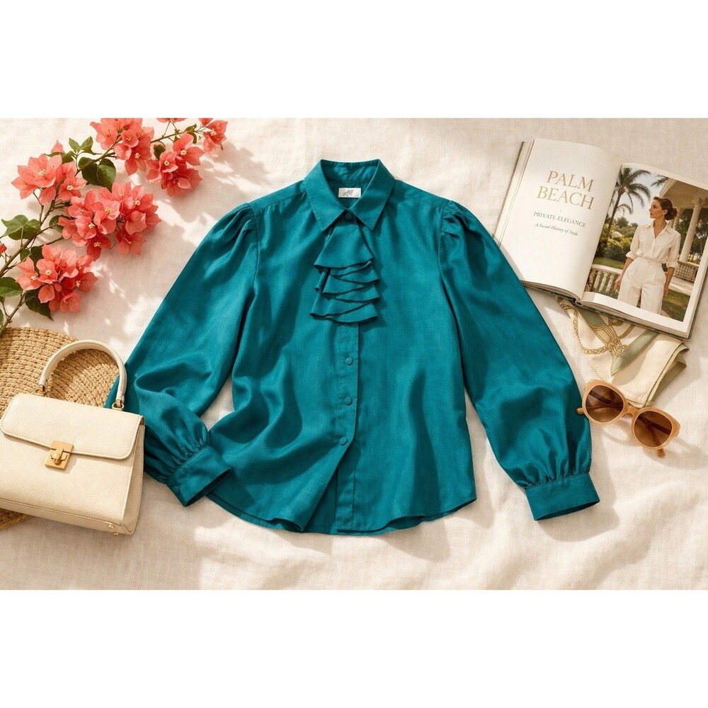 Vintage Teal Ruffle Blouse Secretary Victorian Romantic Button Up Shirt Top